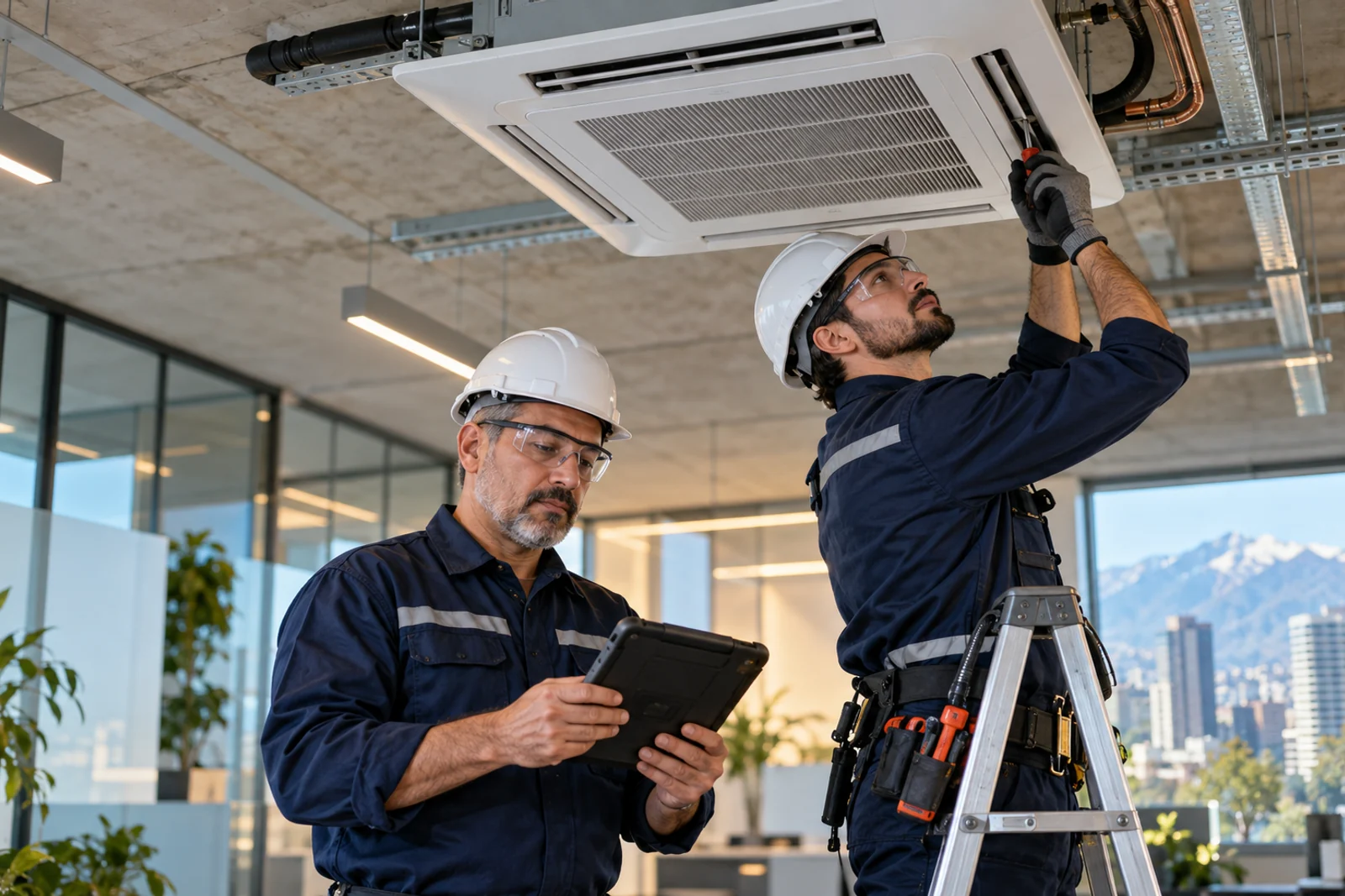 Técnico senior supervisando una instalación profesional de climatización